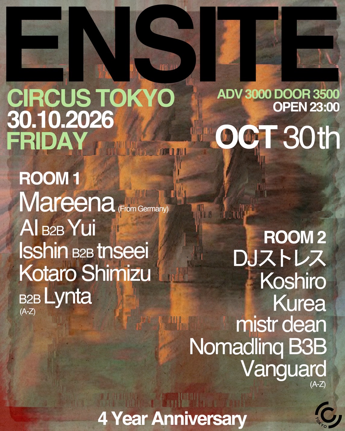 Flyer for ENSITE 4 Year Anniversary at CIRCUS Tokyo